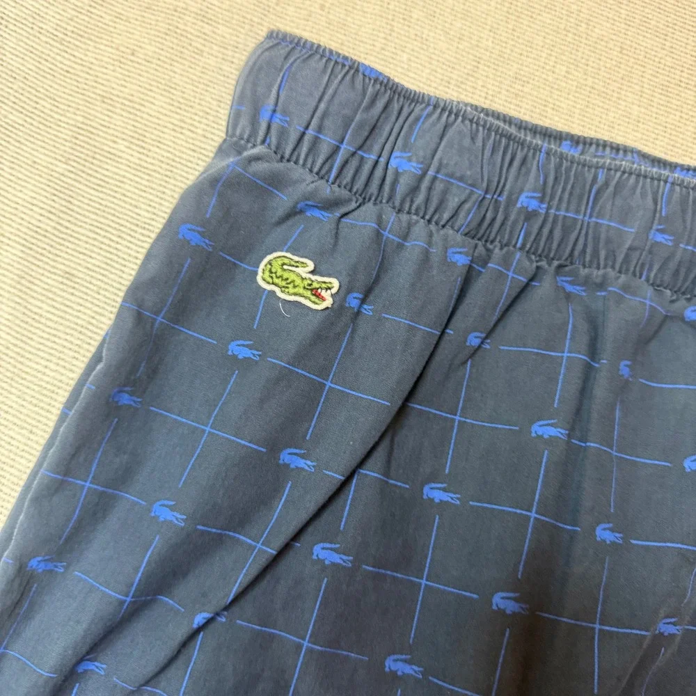 Lacoste Pajama Pants Men XL Navy Blue Grid Logo Print Sleepwear Lounge Bottoms